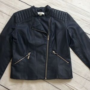 New York & Company Womens Blue Faux Leather Moto Jacket Size Small S NY&C